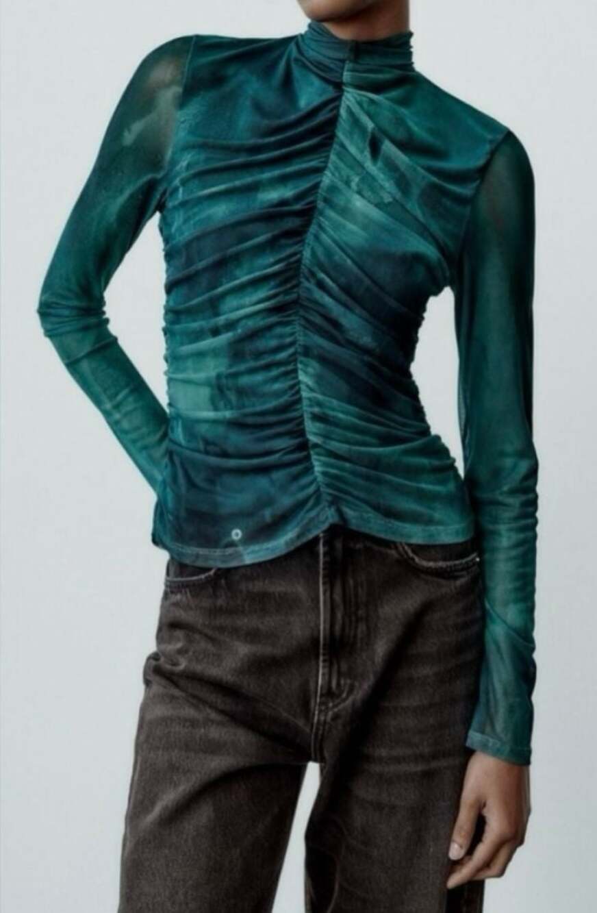 Y2K Sheer Green Ruched Mesh Top Dark Academia Fairycore Blouse-M - Picture 8 of 8